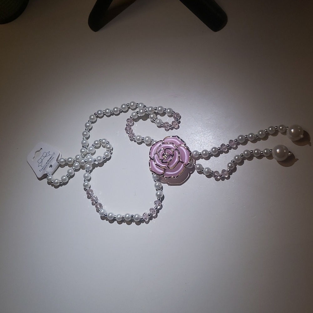 Beautiful Long Pearl and Rose Necklace
